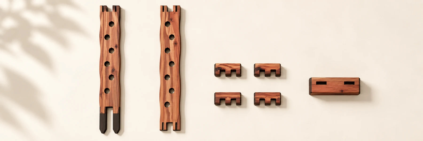 Illustrated wooden kit: one base, one extension, four connectors and one top cover.